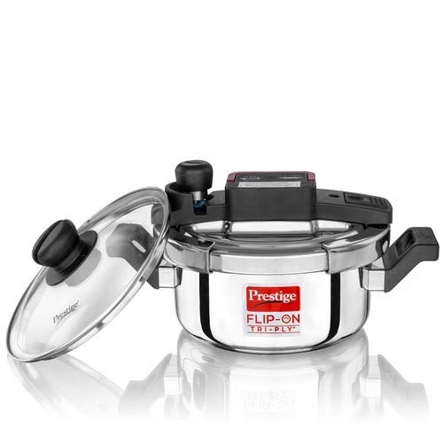 Prestige Flip-On Tri-Ply Stainless Steel Pressure Cooker with Glass Lid