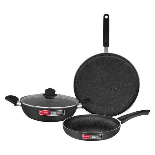 Prestige Omega Deluxe Granite Alpha 3 Piece BYK Non-Stick Cookware Set | Kadai 24cm with Glass Lid, Omni Tawa 28cm, Fry Pan 24cm