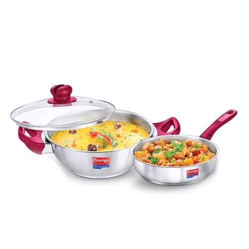 Prestige Stainless Steel 2 Pc Cookware Set with Glass Lid | Platina Popular | Fry Pan 24cm | Kadai 24cm | TRIPLY Base | Gas & Induction Compatible | 5Y Warranty