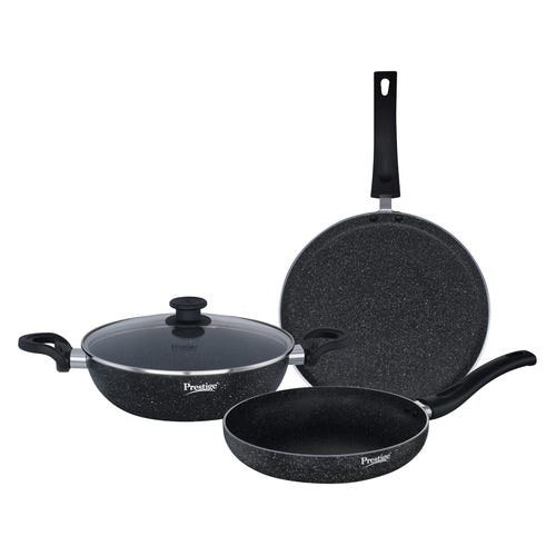 Prestige Svachh Granite Non-Stick 3-Piece Set | Omni Tawa 28cm, Kadai with Glass Lid 24cm, Fry Pan 24cm | Gas and Induction Compatible