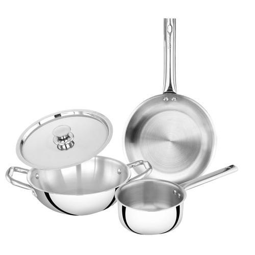Prestige TRIPLY 4 Pc Cookware Set | Fry Pan 22cm | Kadai 22cm | Saucepan 14cm | SS Lid | Gas & Induction Compatible | 15Y Warranty